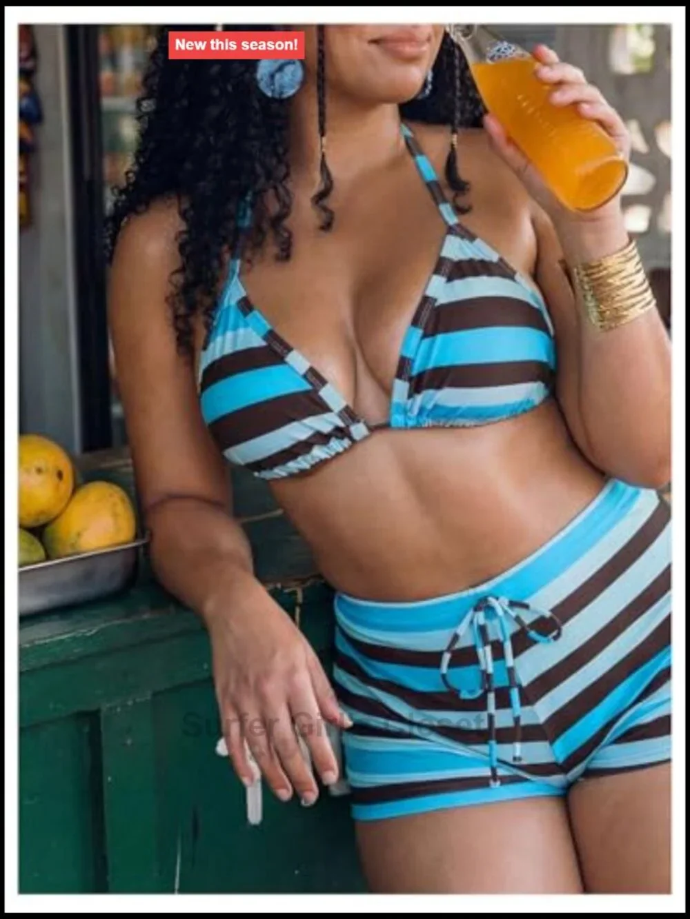 Plus Size 2 Piece Striped Triangle Boyshort Bikini Set High Waisted Bathing Suit